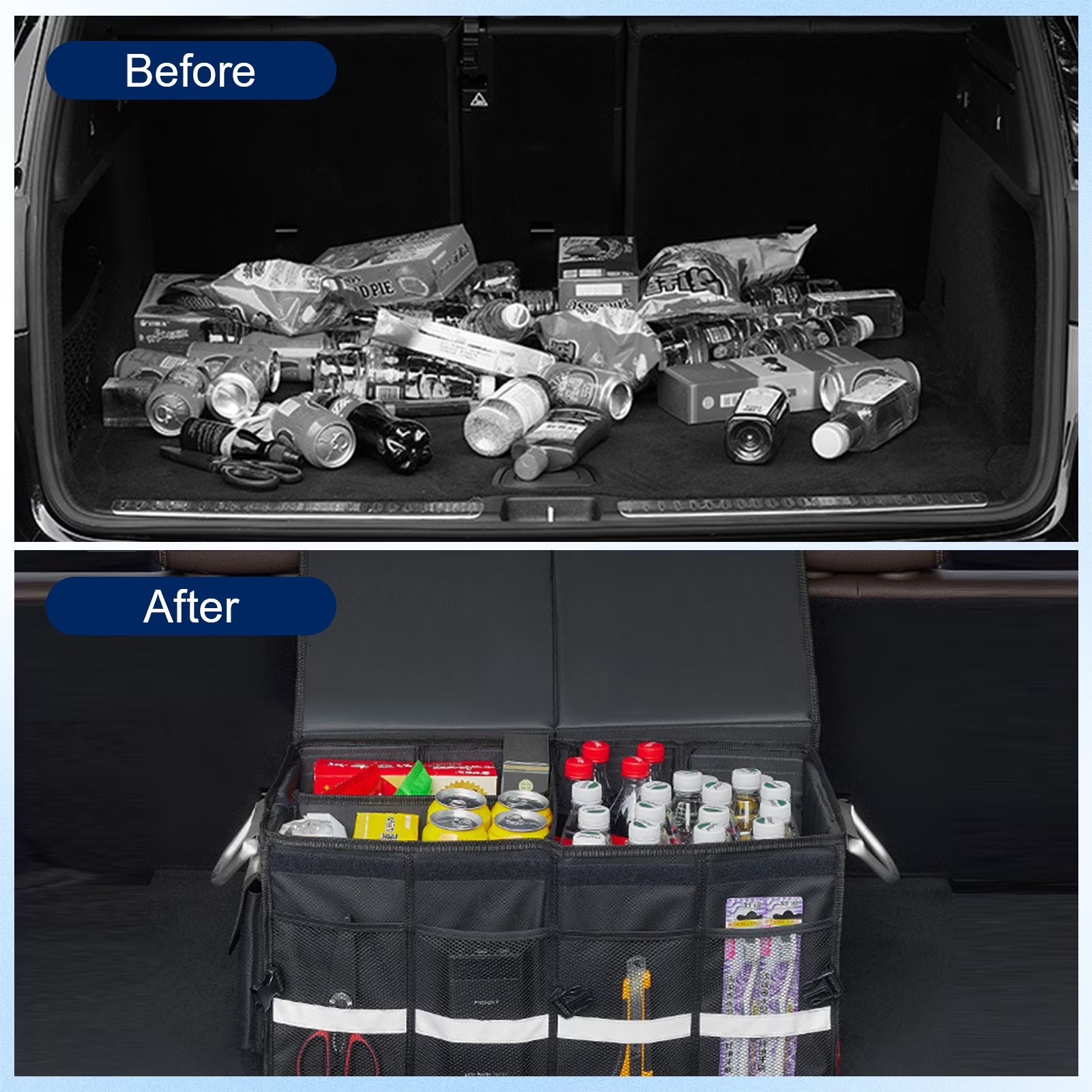 Car Trunk Organizer for SUV,  Collapsible Multi Compartments Trunk Vehicle Organizer, Waterproof Car Storage Organizer with Foldable Lid, Aluminium Handle, Non Slip Bottom (Black)